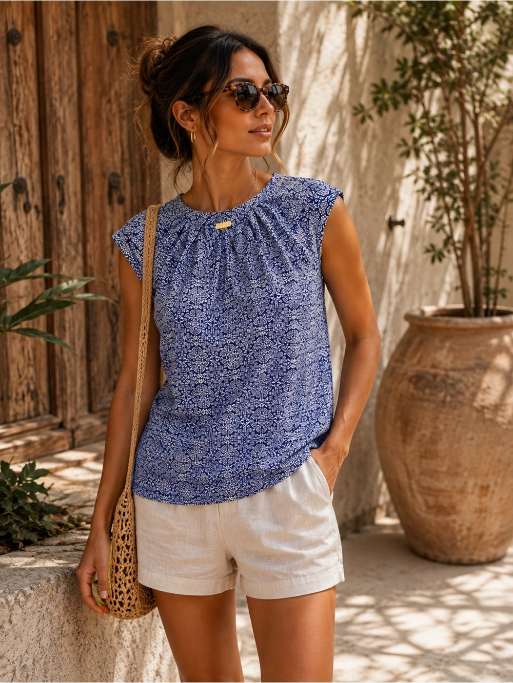 The Limited Navy White Medallion Print Sleeveless Blouse Keyhole S